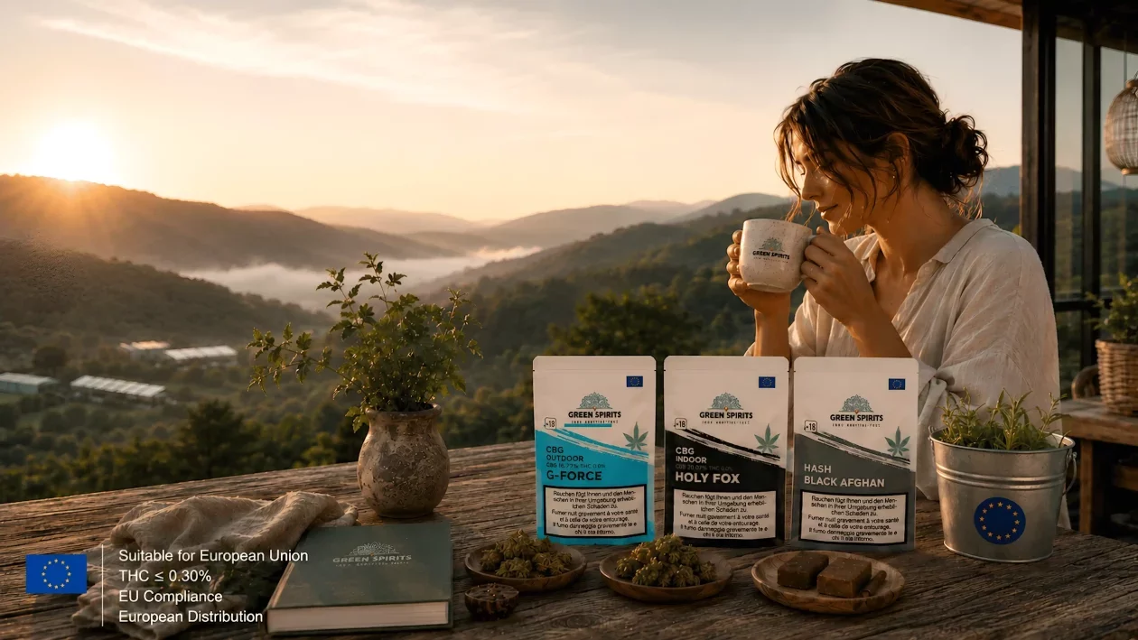 Donna che sorseggia caffè davanti ai prodotti Green Spirits Europe all'alba, con fiori CBG indoor, hash europeo certificato e distribuzione conforme UE.